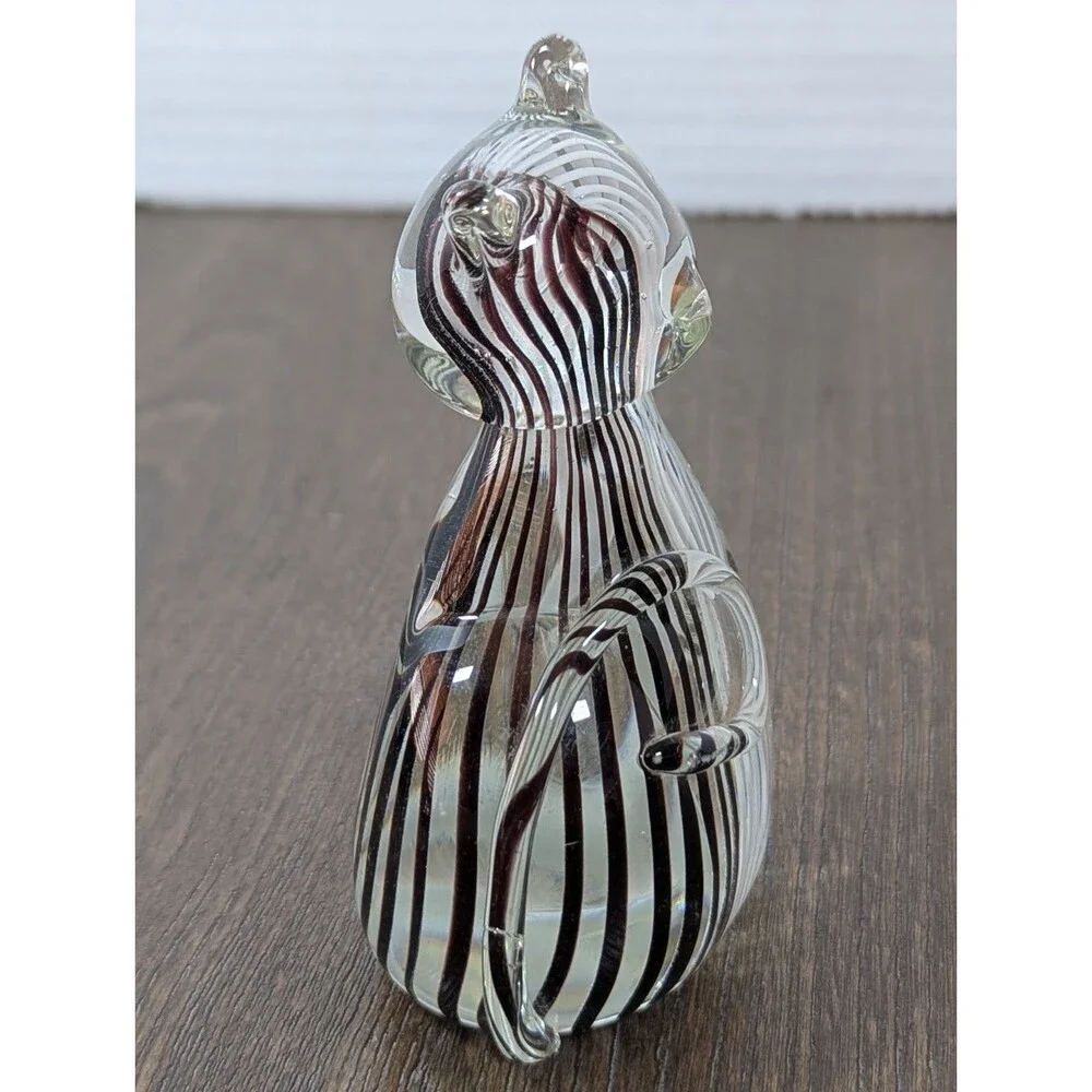 Murano Style Art Glass Paperweight Cat Figurine Black White Strip 4.5